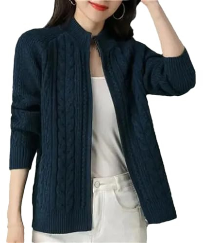DBFBDTU Chaqueta de punto con cremallera de cuello medio alto para mujer, color sólido, manga larga, suéter grueso, azul vaquero, M