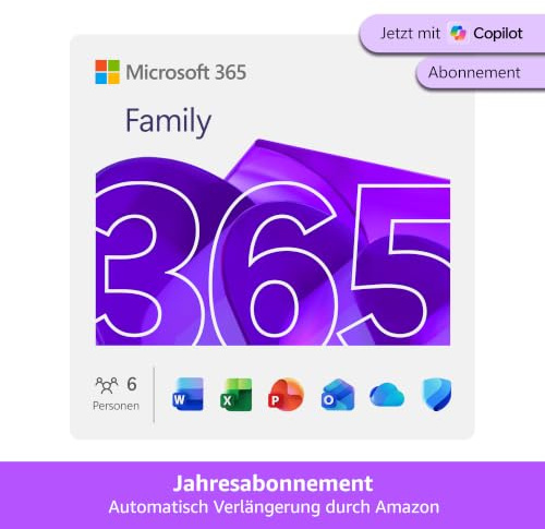 Microsoft 365 Family | 1 Jahr | bis zu 6 Personen | Office Apps mit KI | bis zu 6 TB Cloudspeicher | Amazon Abonnement mit automatischer Verlängerung