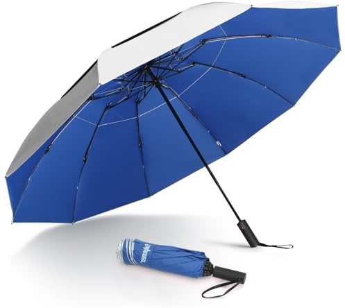 Fulynmen 46 Inch UPF 50+ UV Umbrella Sun Umbrella UV Protection Windproof Compact Folding Umbrella 10 Ribs Double Canopy Inverted Auto Open Close (Blue)