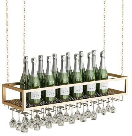Junvstor Hanging Wine Glass Rack, Metal Ceiling Wine Bottle Holder, Floating Wine Storage Shelf Vintage Display Storage Shelves Wall Mounted Shelving for Bar Restaurant Cafe, Metal Stand(60x25x20cm)