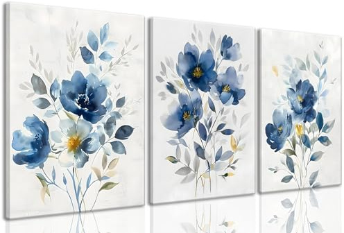 KISSFOX Framed Colorful Wildflower Blue Canvas Wall Art Set Of 3 Flowers Pictures Prints Flowers Printing Floral Watercolors Flower wall Decor Living Room Girls Bedroom Bathroom