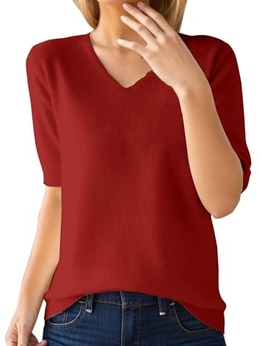 Jersey para mujer, manga corta, imitación de cachemira, elegante, para primavera, verano, sudadera, suave, cuello en V, punto básico, blusa de punto de color sólido, suéter de ocio, rojo, XL