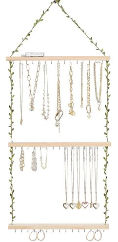PHOENANCEE 3 Tier, Hanging Jewelry Necklace Organizer, Large Capacity Wall Mounted Jewelry Rack with 45 Hooks, Necklace Holder for Necklaces, Bracelets, Earrings, Pine Wood(Nature Wood)