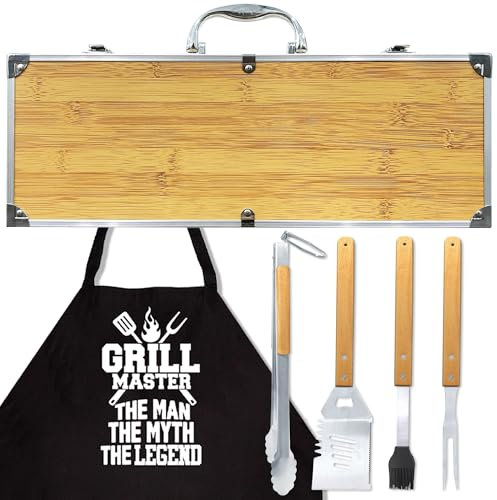 Vatertag Grillzubehör Geschenke für Männer, Robustes Holzgrill-Set mit Schürze für Hinterhof, Dicke Edelstahl-Grillutensilien mit rutschfestem Griff, Werkzeuge in tragbarer Tasche für Papa Geburtstag