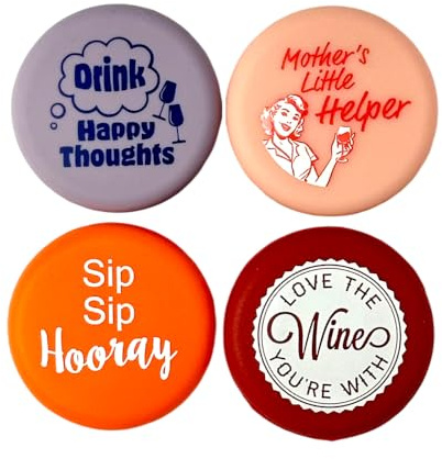 CapaBunga Silicone Wine Stoppers for Wine Bottles - 4 Pack Funny Wine Stoppers - Airtight Wine Saver Wine Bottle Caps - Wine Accessories for Wine Lovers - Happy, Mother, SipSip, Love