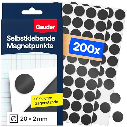 GAUDER Puntos Magnéticos - Imanes Adhesivos Redondos para Manualidades, Nevera, Oficina y Escuela - Parches Autoadhesivos para Notas, Fotos y Objetos Ligeros (200 Unidades - 20 x 2 mm)