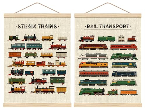 HKTZM Steam Trains Wooden Poster Hanger Frame 16x24 Inch,Vintage Train Locomotives Hanger Poster,Rail Transport Hanging Wall Art For Toddler Boy Room Playroom Nursery,Set Of 2