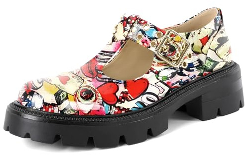 Zamikoo Platform Loafers Low Chunky Heels for Women Round T Strap Closed Toe Mary Janes Shoes with Buckle