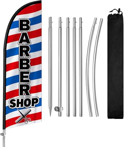 QSUM Barbershop Feather Flag with Stainless Steel Flagpole,Ground Spike Advertising Flag,Suitable for Businesses and Storefronts Signs,8FT,1 Set(Style1)
