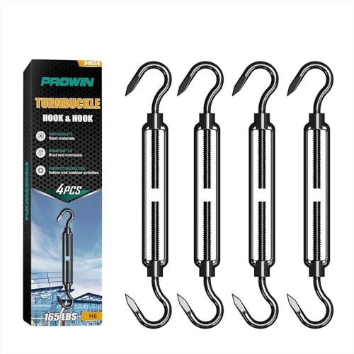 PROWIN 4PCS M6 Turnbuckle Hook to Hook, 304 Stainless Steel, Black Electrophoresis Finish, Heavy Duty Adjustable Tensioner for Shade Sail, Rope, Chain, Clothesline