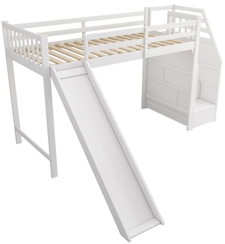 WEALTHOUSE Hochbett mit Rutsche und Ablageleiter, Kiefernholz MDF stabile Konstruktion, Loft Design, viel Stauraum, modernes Funktionsbett, platzsparend,integrierte Stufenregale (Weiß,90x200cm)