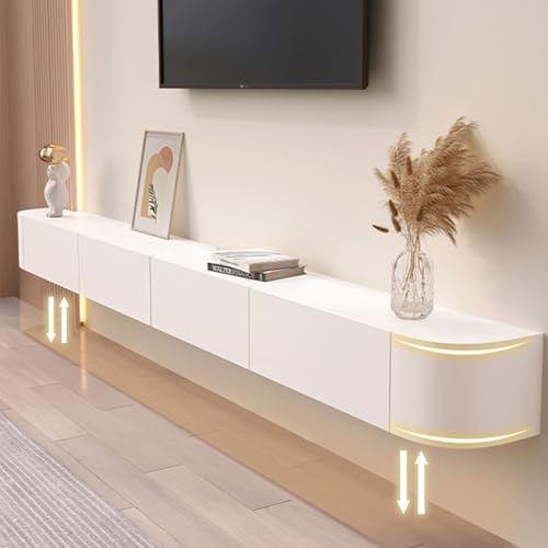 Meuble TV flottant moderne - Étagère murale pour console multimédia - Centre de divertissement élégant en bois pour salon, chambre à coucher et bureau - Finition blanche, noire et grise