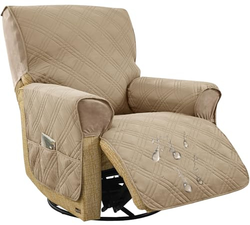 HOMECOVER Wasserdicht Sesselschoner für Relaxsessel | Rutschfeste Sesselauflage für Fernsehsessel mit 6 Taschen, Waschbar, für Haustiere & Kinder-Khaki-1 Sitzer