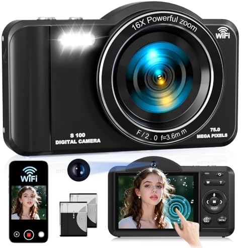 Appareil photo numérique 4K, autofocus 75 MP avec écran tactile, WiFi, zoom 16x et carte SD 32 Go caméra vidéo portable pour photographie, débutants, adolescents et adultes