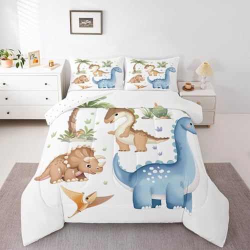 Loussiesd Söt dinosaurie barn sängkläder set tecknad dinosaurie täcke set enkel storlek vilda djur för barn pojkar flickor sovrum djungel dinosaurie växt dekor mikrofiber ultramjuk andningsbar
