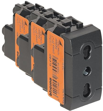 BTICINO SL4180F Presa Bipasso Livinglight, Presa Elettrica da Muro Standard Italiano 10/16A, Alveoli Protetti, 1 Modulo, Colore Nero ANtracite, Made in Italy (Confezione da 3)