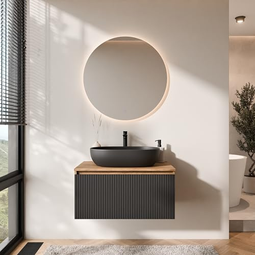Set di mobili da bagno Planetmöbel Arisa, armadietto sottolavabo da 80 cm in oro, rovere nero (con nervature) con specchio NOVA, lavabo da 60 cm nero, incluso sifone salvaspazio