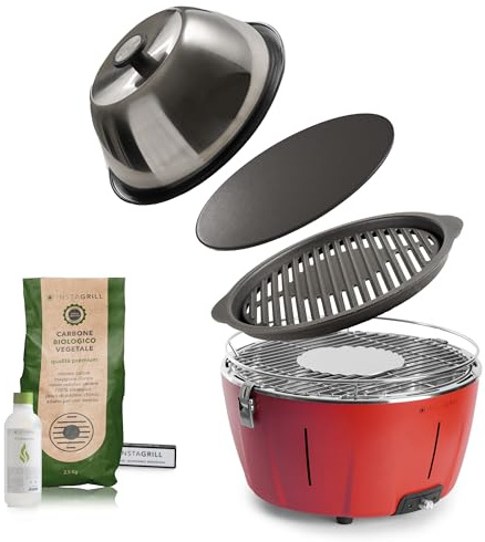 Classe Italy | Barbecue a Carbonella con Griglia in Ghisa, Coperchio cottura forno e Piastra. Da Balcone, Portatile. Include Batteria Ricaricabile, Carbone e Gel per accensione. MASTER GRILLER Rosso