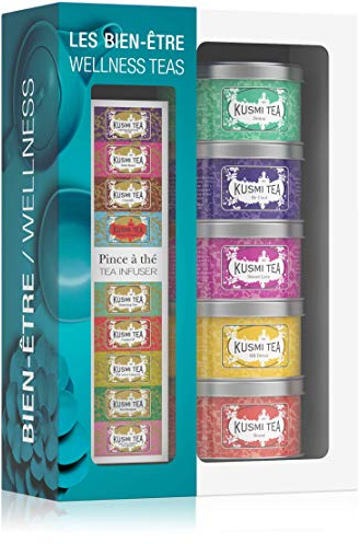 Kusmi Tea Geschenkset Wellness Tee Mischungen + Teezange - 5 Mini Metalldosen mit Kräutertee und Aromatisiertem Tee - Detox Tee, BB Detox, Boost, Sweet Love, Be Cool - 5 x 25 gr Teedosen