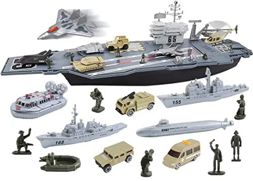 deAO Modellschiff-Flugzeugträger mit kleinen Modellflugzeugen, LKW, Panzer, U-Boot, Schlachtschiffen und Actionfiguren inklusive