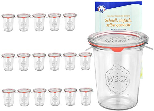 MamboCat 18er Set Original WECK 3/4-Liter Sturzglas, 850 ml, Rundrandglas RR100 + Glasdeckel + Dichtring + Weck-Klammern + Rezeptheft, Einmachglas, Einkoch-Set, Einlegen, Einwecken + Konservieren