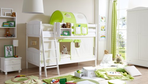 Etagenbett Doppelbett Kinderbett Erni Kiefer massiv Weiss teilbar, Vorhangstoff:Beige Grün