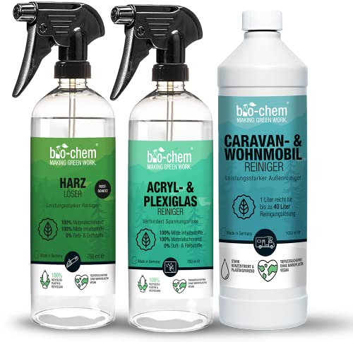 bio-chem - Set de 3 productos de mantenimiento para caravanas de camping - Limpiador de caravanas y autocaravanas 1L + Spray de resina 750mL + Limpiacristales y parabrisas 750mL