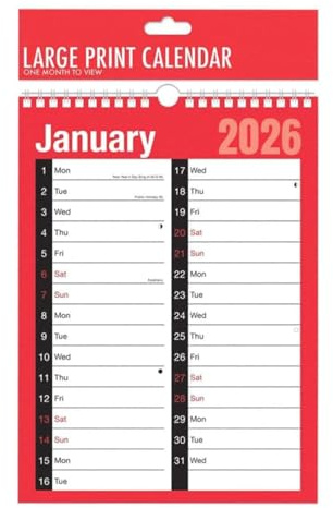 2026 Calendar A4 Large 2 Column Month To View Spiral Bound Wall Planner for Home Business Office School 1 January 2026 to 31 December 2026