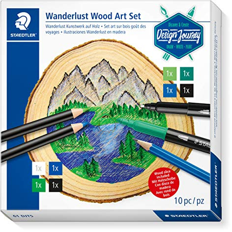 STAEDTLER Wanderlust Kunstwerk auf Holz Set, Komplett-Set zum Bemalen von Holzscheiben im trendigen Wanderlust Stil, 61 DJT5
