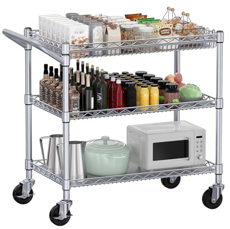 WDT 990Lbs Capacity Heavy Duty Rolling Utility Cart, NSF Rolling Carts with Wheels,Commercial Grade Metal Cart with Handle Bar & Shelf Liner,Trolley Serving Cart for Kitchen,Restaurant,Silver