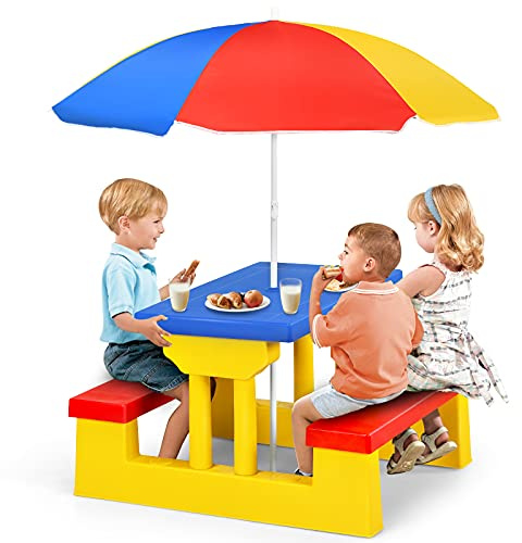 GOPLUS Kindersitzgruppe Picknickset Sitzgruppe Kindermöbel Gartenmöbel aus PP-Material für Kinder inkl. Sonnenschirm, 2 Bänke und Tisch (rot-blau-gelb)