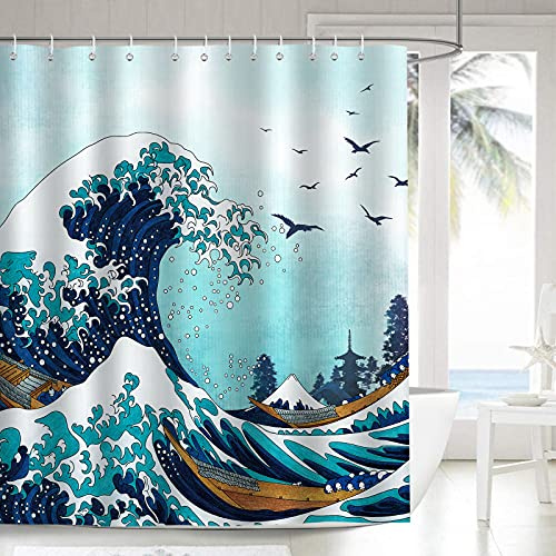 Bonhause Japanskt duschdraperi 180 x 180 cm Kanagawa havsvågor blå badrumsdraperi vattentätt mögel- och mögelbeständigt polyestertyg baddraperi med 12 krokar