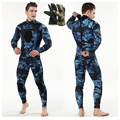 HGYJ Herr 3 mm neoprendräkt, ett stycke långärmade byxor dykdräkt + 3 mm neoprenhandskar, för fiske/snorkling/surfing, blå, XL