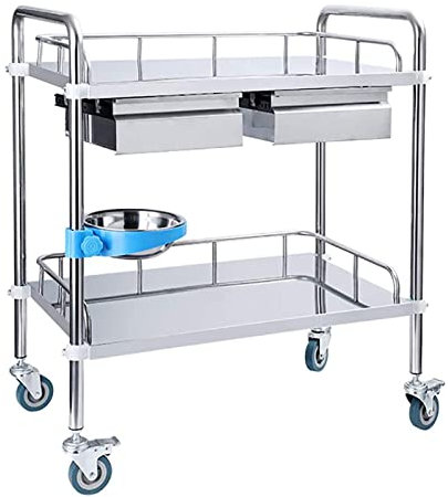 Stainless Medical Cart 2 Stage Assembly Type Commercial Kitchen Serving Trolley with Brake Mute Wheel Laboratory Equipment Storage Trolley, 2 Drawers