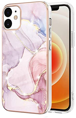 Knoowcase for iPhone 12 Case Marble Silicone Cover Shockproof Bumper Glitter Plated Gold Edges Protective Flexible TPU Rubber Skin Case for iPhone 12 Pro Women,Rose Gold
