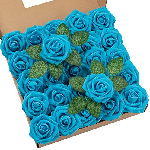 DuHouse Lot de 25 Roses artificielles avec tiges - Fleurs en Mousse au Toucher réel pour Bouquet de Mariage, fête prénatale, Centre de Table, Arrangement Floral, décoration d'intérieur (Bleu Moyen) | Roses artificielles avec tige pour décoration d'intérieur, bouquet de mariage, centre de table, arrangement floral
