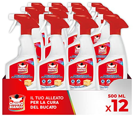 Omino Bianco Smacchia e Sgrassa 2 in 1, Pre-Trattante Spray con Azione Smacchiante e Sgrassante, con Sapone di Marsiglia, 500 ml x 12 Pezzi