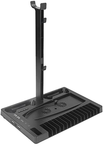 Septpenta Vertikaler PS5 Ständer mit Lüfter, Dual PS5 Controller Ladestationsbasis mit Ladeanzeige, 15 Spiel Discs und Headset Halter für Vertikalen PS5 Ständer mit Lüfter