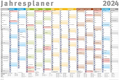 Jahresplaner 2024 - Wandplaner Kalender Poster Druck - Grösse 91,5x61 cm gerollt