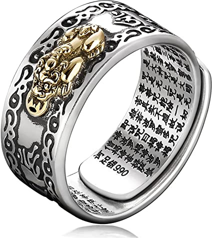 Kucheed Anillo Feng Shui PiXiu Mantra, Anillos de Dedo de Buena Suerte Budistas de Plata,Joyería MANI Amulet Mantra,Banda de Protección Riqueza Amor Salud,Regalo de Anillo Ajustable Abiertos (A)