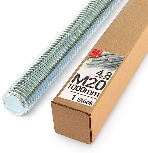 Barra Filettata M20x1000 mm, 1 pezzi, Asta Filettata Acciaio 4.8 DIN 976, Barre Filettate Metrica, Perni Filettati, Filetto Asta Metrica, Bulloni Filettati per Montaggio Industriale, Lun Fix