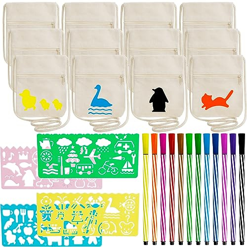 12 Stück Stoffbeutel zum Bemalen für Kinder，17×13cm Kinder Umhängegeldbeutel，Brustbeutel Kinder Bemalen mit 4 Malerei Vorlage und 12 Farbe Buntstifte, DIY Beige Brustbeutel für Schule, Party, Geschenk.