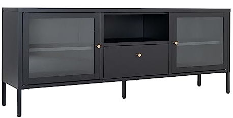 Schwarze TV-Konsole mit Glastüren und Schublade