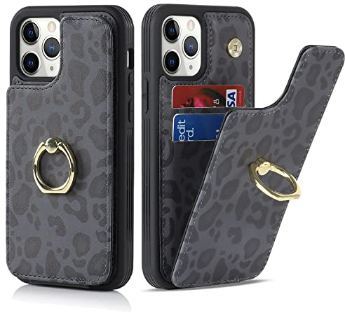SailorTech för iPhone 11 Pro telefonfodral med kreditkortshållare för kvinnor, iPhone 11 Pro fodral ring stativ med ställ och kortfack, fashionabelt fodral för män – svart leopard
