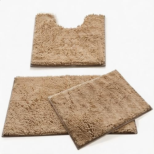 MEGAROOM Chenille Badezimmerteppich Set 3 Teilig, Ultra-weich Badematte & U Förmige wc Vorleger, Antirutsch Badezimmer Set Waschbar für Badezimmer, WC, Wohnzimmer, Schlafzimmer, Beige