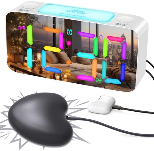 Vibrierender Lauter Regenbogen Wecker mit Bettschüttler, 15-Farbiges Spiegeldisplay,7-Farbiges Nachtlicht,USB-Ladegerät,Ausschaltspeicher,Schlafzimmeruhr für Schwerhörgeschädigte Hörgeschädigte