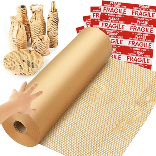 NAPALOOK Vaxkaka packningspapper omslag 35 x 20 cm, ersättningsalternativ för bubbeldämpande omslag för att flytta fraktförpackningar, återvinningsbara rörliga tillbehör med 48 ömtåliga klistermärken