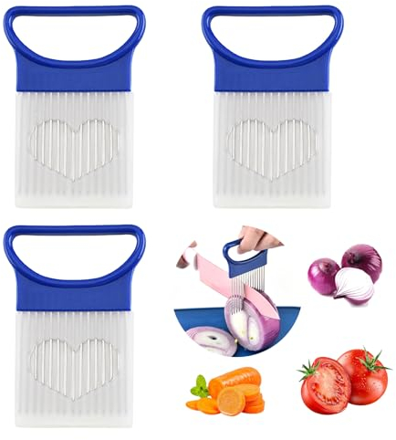 XNIVUIS 3 Piezas Tenedor Cebolla Soportes para Cebollas Cortador de Cebolla Soporte Cebolla Acero Inoxidable para Cortar Verduras Rebanador Cebolla Portacebollas para Cortar Verduras, Tomate (Azul)