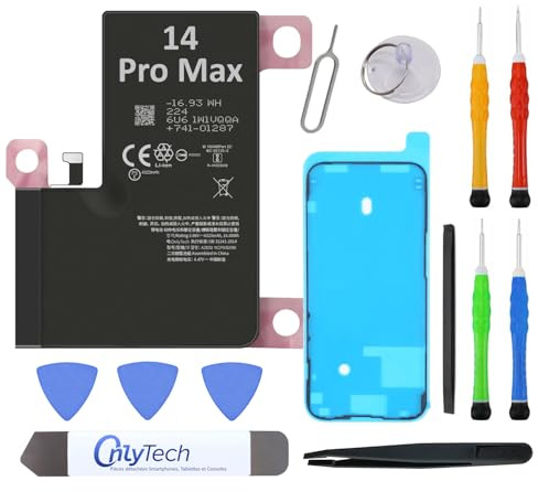 OnlyTech - Batterie Premium de Remplacement pour iPhone 14 Pro Max - 4323mAh, identique à l'original - Kit 12 Outils Professionnels et adhésif écran Inclus