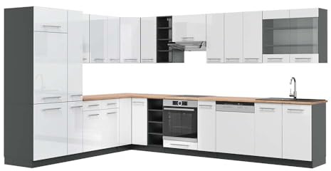 Vicco Eckküche Fame-Line, Weiß Hochglanz/Anthrazit, 347 x 257 cm | 16 Module · Höhenverstellbare Füße · AP Eiche inkl. · MDF-Fronten · Softclose · Metallgriffe